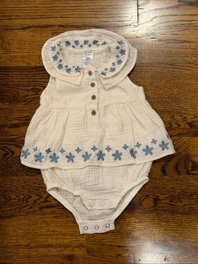 Carter's White Dress-Style Bodysuit with Blue Floral Embroidery